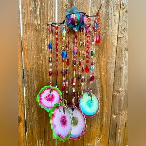 Inlaid Gold Leaves Vtg Porcelain Glass Beads 3D Butterfly Wind Chime Mobile